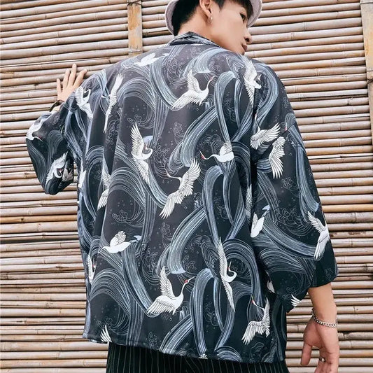 Cranes Black Men’s Kimono Jacket