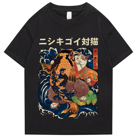 Cat & Koi Fish Battle Ukiyo-e T-Shirt